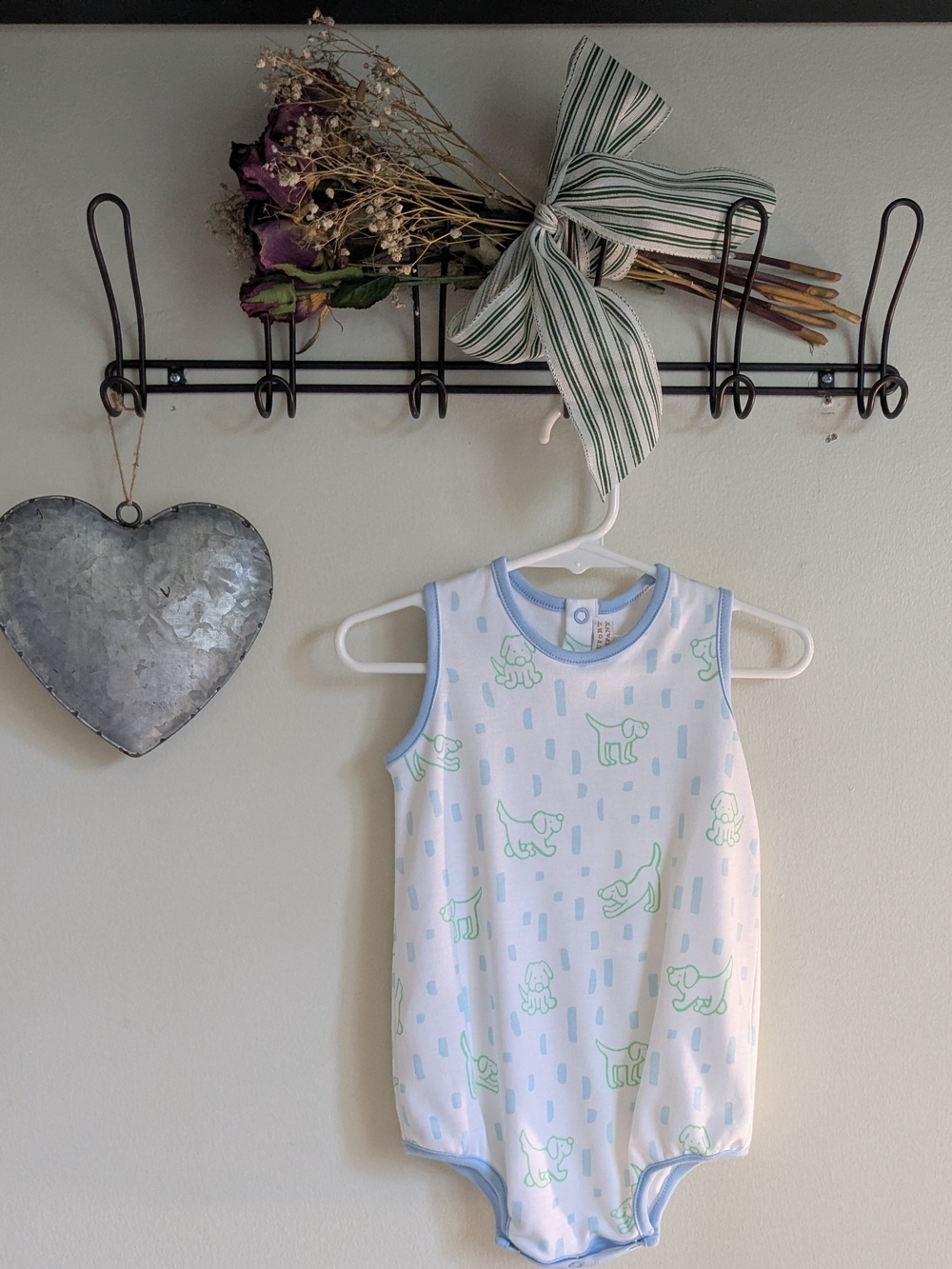TBBC Baby Sleeveless Onesie Romper - Light Blue & Green Puppy Print